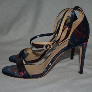 Sz 37.5 7 Chloe Gosselin Navy Floral Print Ankle Strap 3.5" Heels